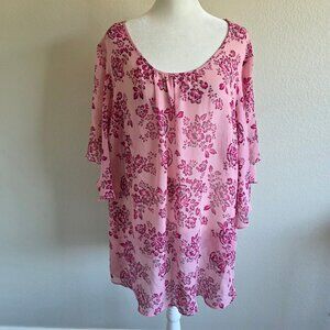 Catherines Blouse Top Sheer Pink Floral Relaxed Fit Flutter Sleeve Plus Size 2X